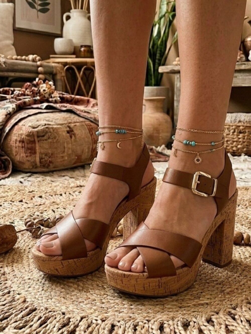 Michael Michael Kors Natalia Walnut Leather Cork Platform Sandals | 7.5 | Heels